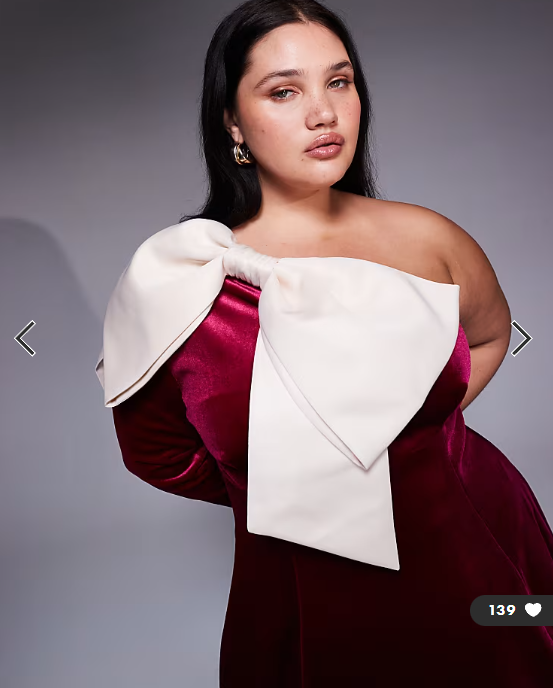 ASOS LUXE Curve one shoulder velvet mini dress with bow detail in burgundy