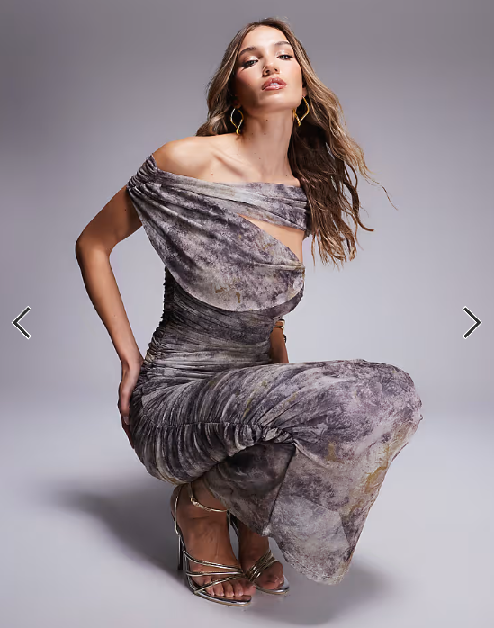 ASOS DESIGN mesh bardot ruched midi dress in dark marble print