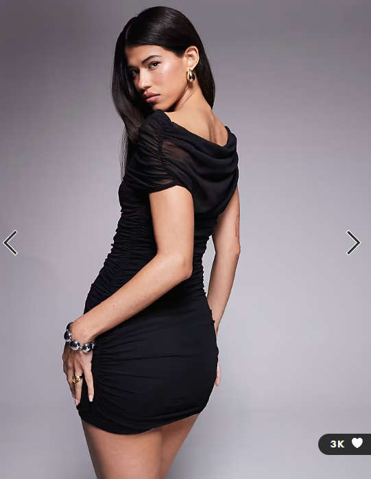ASOS DESIGN draped shoulder mesh mini dress with ruching in black