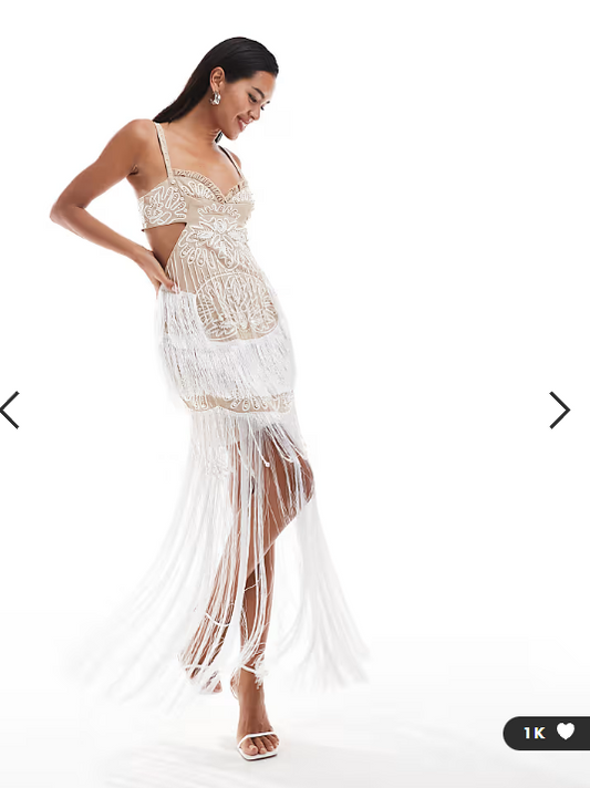 ASOS DESIGN cupped embellished cut out maxi dress with fringing in stone