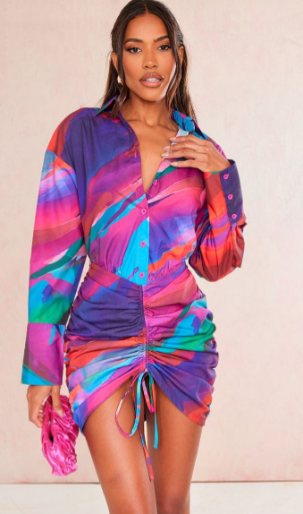 Plt - Multi Abstract Print Oversized Shirt Ruched Bodycon Dress
