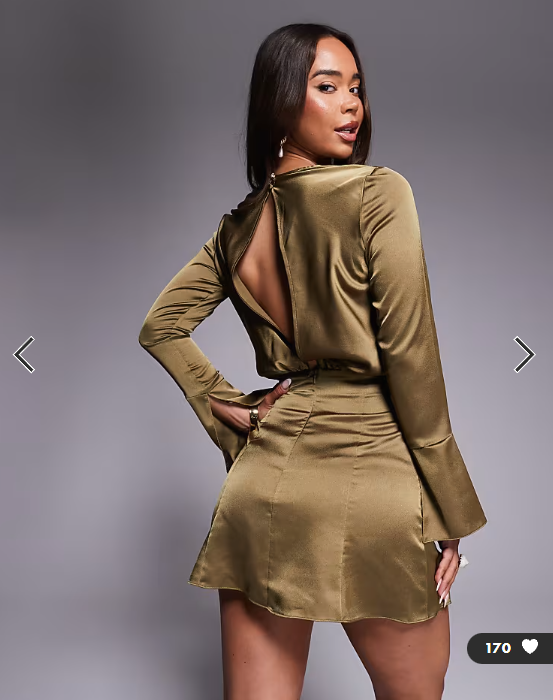 ASOS DESIGN satin bias cut drape mini dress with button detail in olive