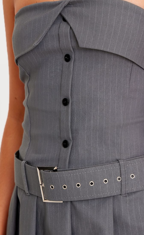 Grey Pinstripe Tailored Bandeau Belt Pleated Shift Dress