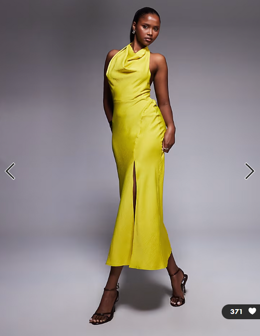 ASOS DESIGN satin high neck midi dress with cross strap detail in chartreuse
