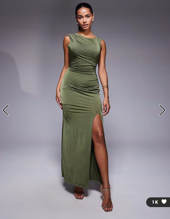 TFNC off shoulder midaxi dress with thigh split in olive