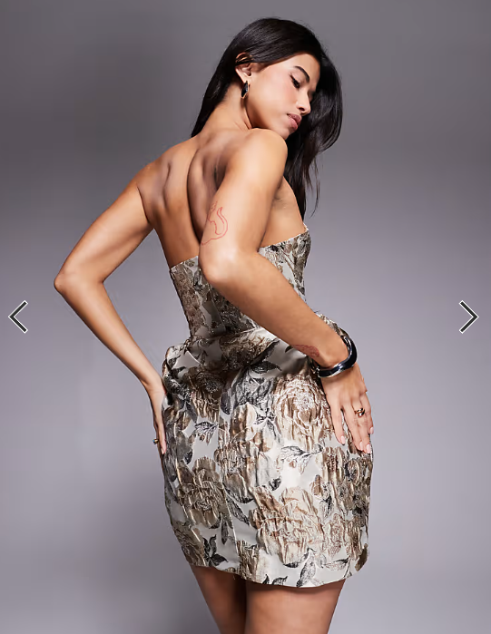 ASOS DESIGN structured bandeau mini dress with deep pleated skirt in floral jacquard