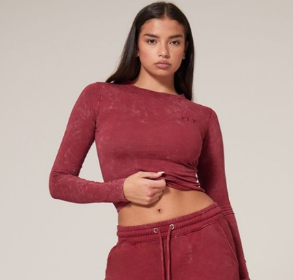 Dark Red Washed Longline Long Sleeve Cotton Fitted T-shirt