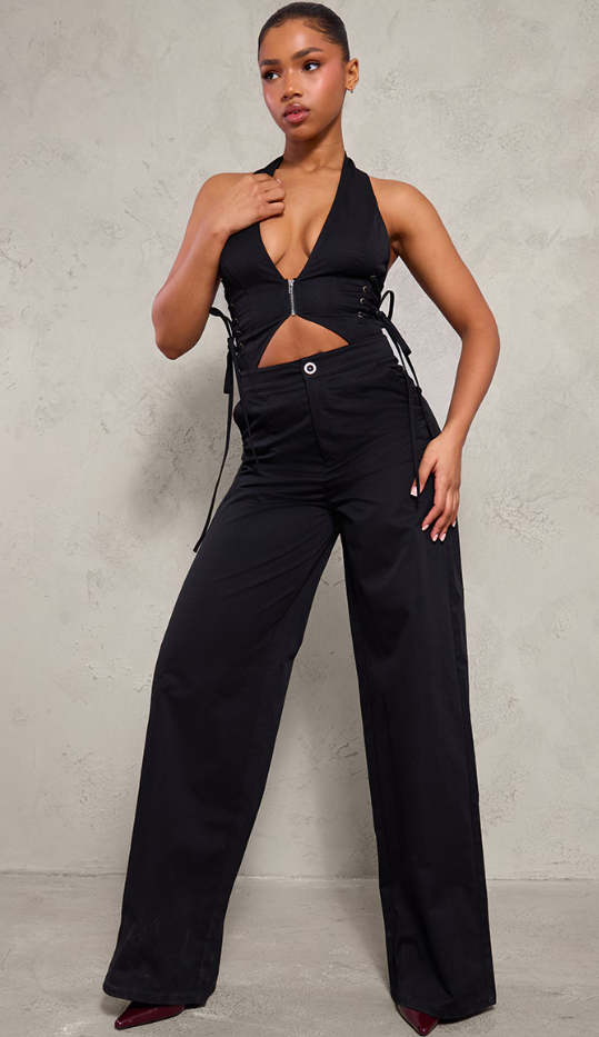 Black Woven Halter Zip Detail Lace Up Jumpsuit