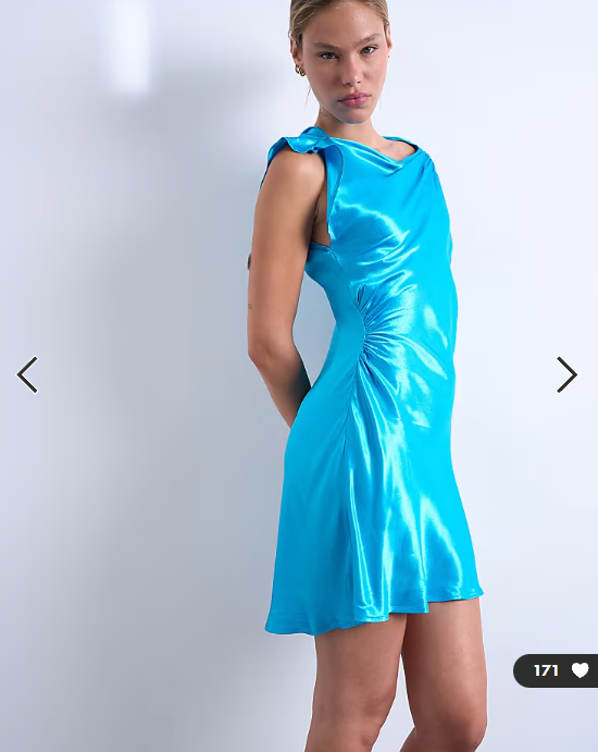 Topshop grown on shoulder ruched waist mini dress in blue satin