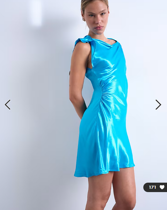 Topshop grown on shoulder ruched waist mini dress in blue satin