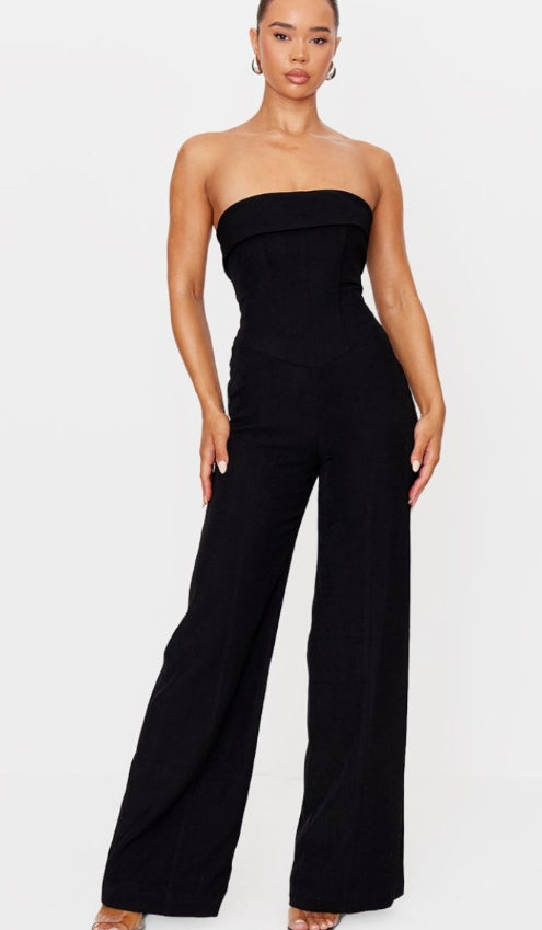 Premium Black Woven Bandeau Corset Straight Leg Jumpsuit