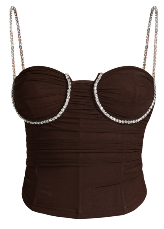 Chocolate Mesh Ruched Diamante Bust Trim Top
