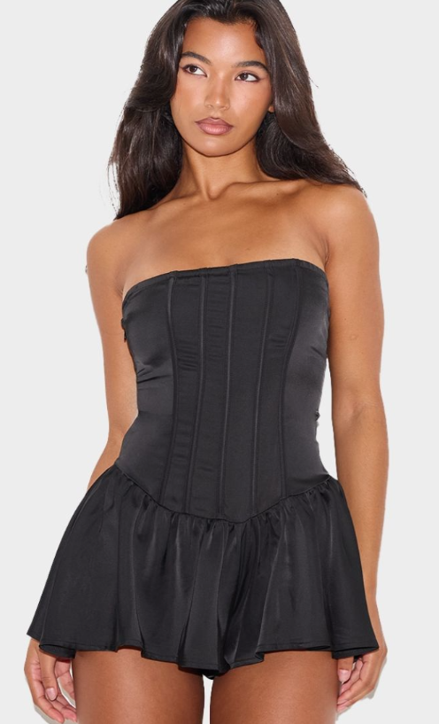 Black Satin Corset Detail Bandeau Playsuit