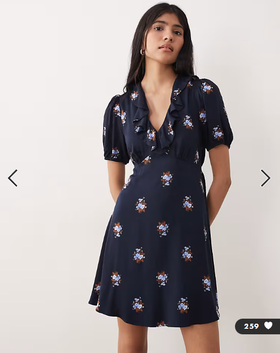 Nobody's Child Fae frill v neck puff sleeve mini dress in navy floral