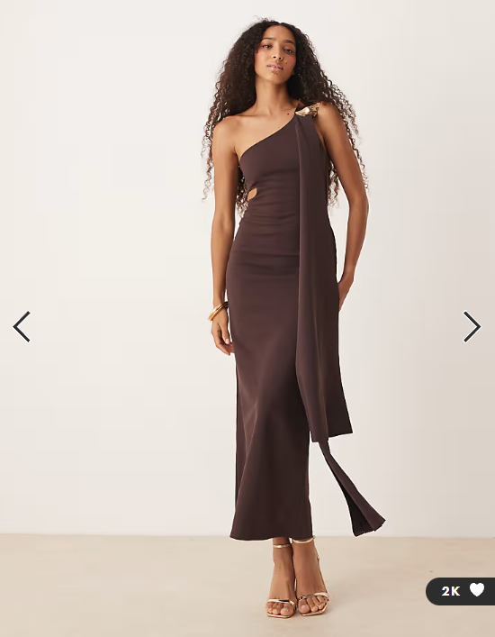 ASOS DESIGN cut out one shoulder maxi dress with hammered trim in chocolate