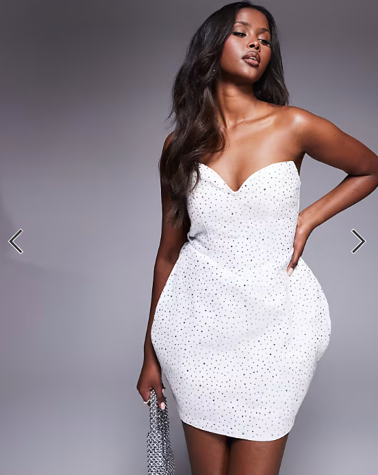 ASOS LUXE embellished denim bandeau mini dress in white
