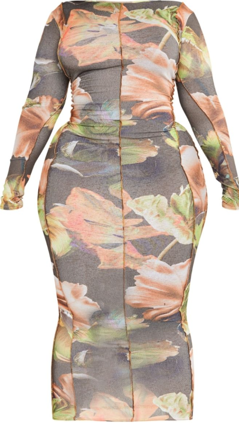 Plus Khaki Multi Floral Print Overlock Detail Long Sleeve Maxi Dress