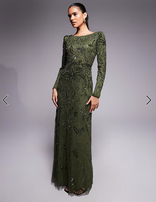 Beauut fully embellished beaded mesh overlay slash neck maxi dress in green