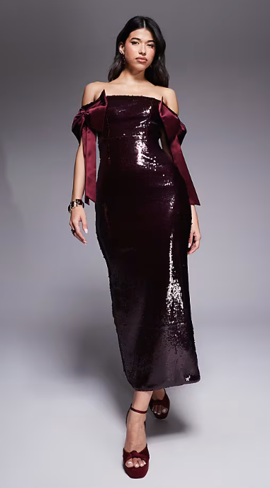 Asos - Kaiia exclusive sequin off shoulder oversized bow detail maxi dress in burgundy