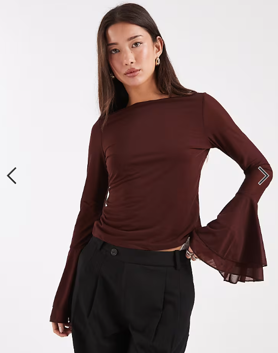 Asos - slinky long sleeve top with mesh flare sleeve detail in chocolate