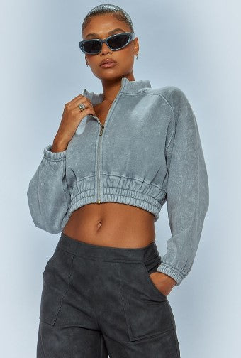 Light Grey Washed Elasticated Hem Zip Crop Sweatshirt