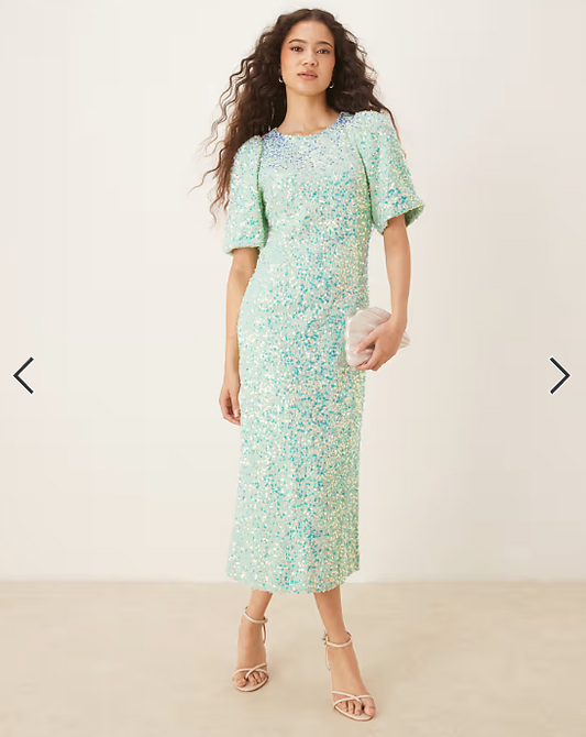 YAS textured iridescent sequin midaxi tea dress in mist green