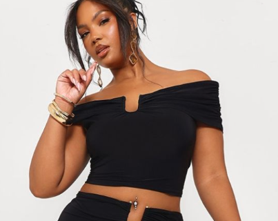 Plus Black Slinky Gold Trim Detail Bardot Top