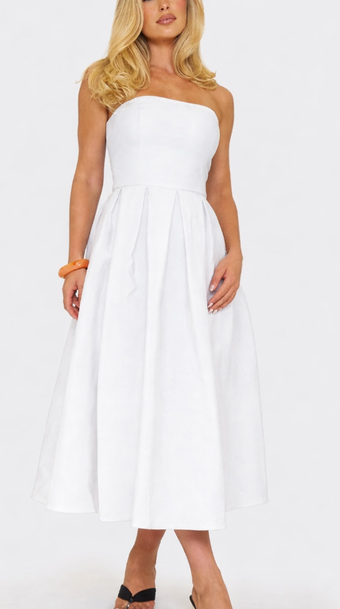 Ego - Bandeau Pleated Lace Up Back Detail Midi Dress white