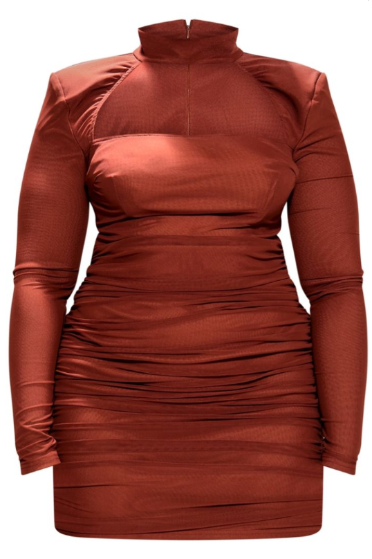 Plt - Plus Chocolate Mesh Cut Out Detail Shoulder Pad Bodycon Dress