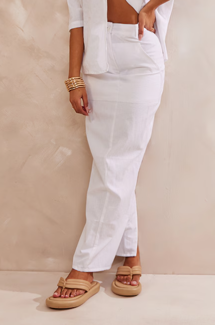 White Woven High Waist Split Hem Midaxi Skirt