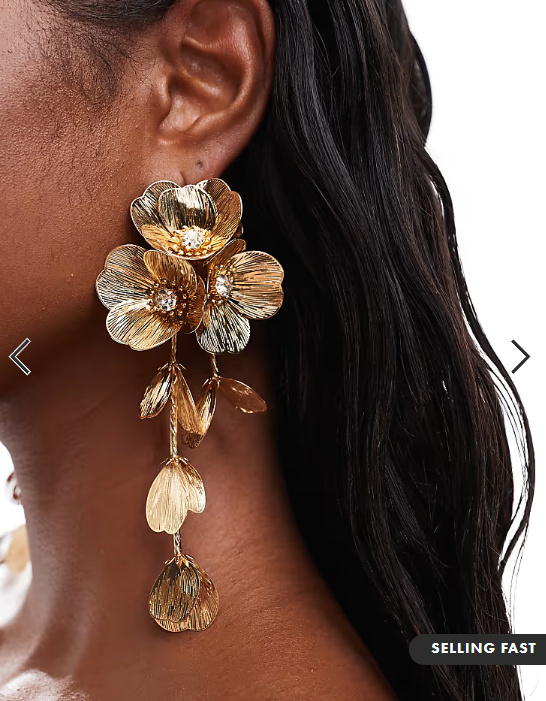 ASOS DESIGN drop earrings with 3D floral design in gold tone