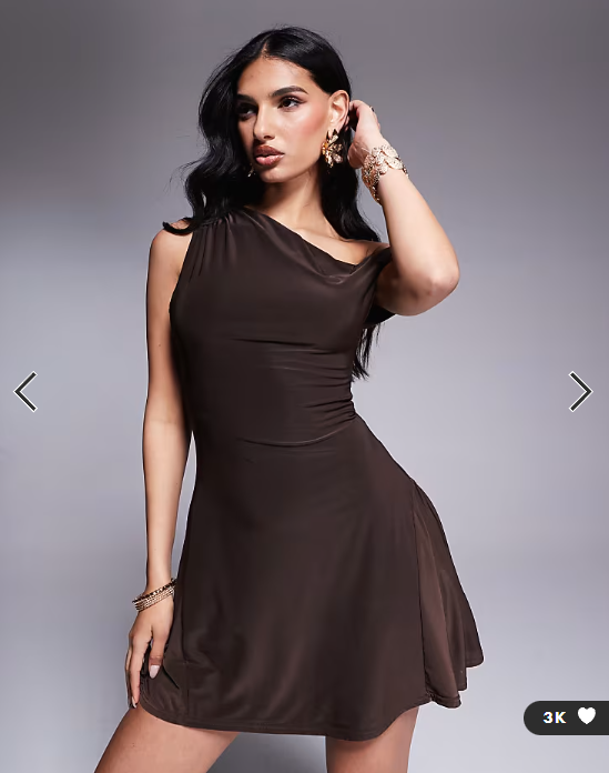 Kaiia exclusive double layered slinky off shoulder drape detail fitted waist mini skater dress in chocolate brown