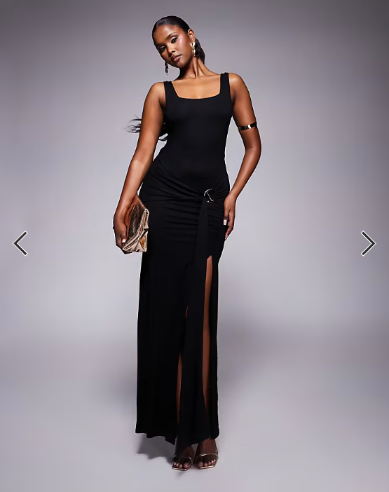 ASOS DESIGN square neck maxi dress with hardware trim and tie waist detail in black