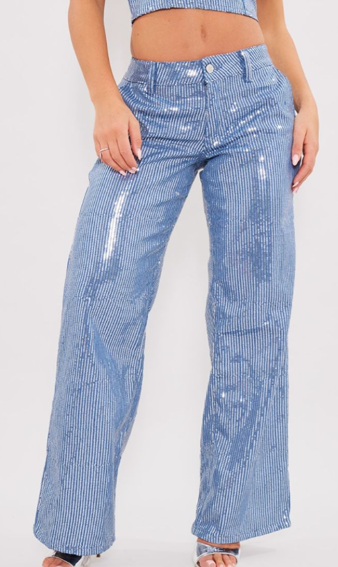 Light Blue Wash Sequin Wide Leg Jean