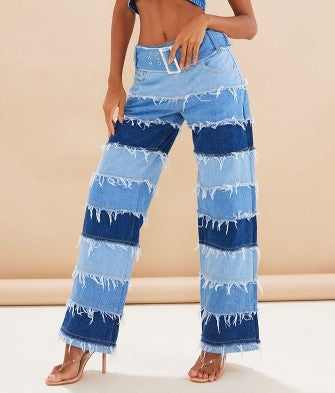 Blue Distressed Panel Belted Wide Leg Jeans