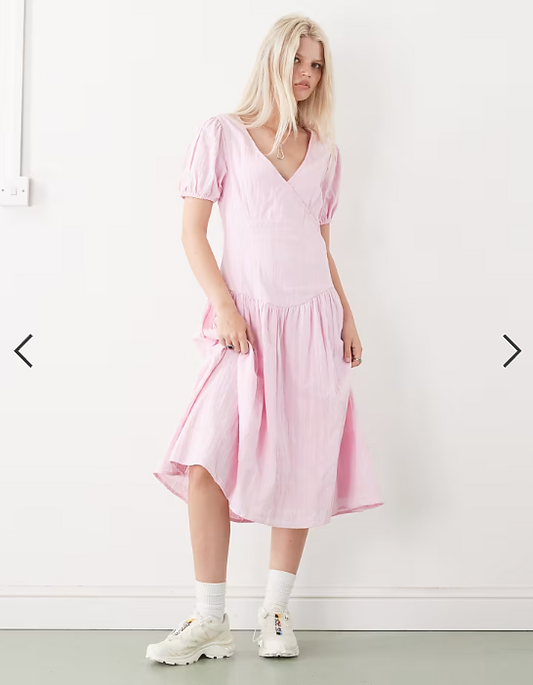 COLLUSION drop waist puff sleeve maxi dress in pink