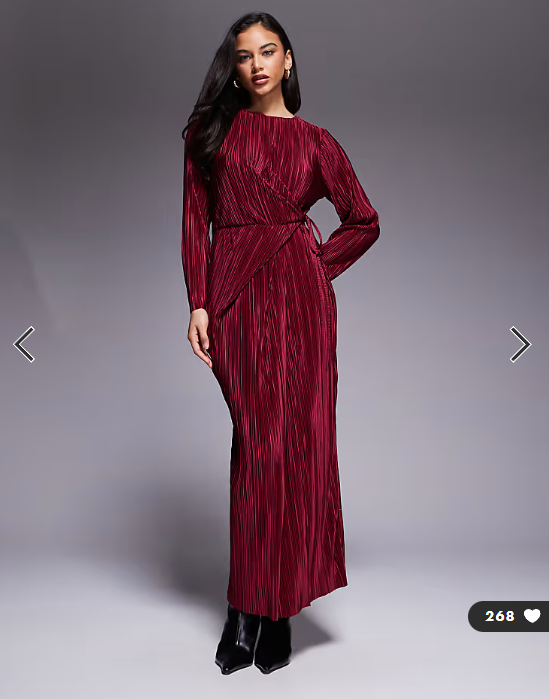 ASOS DESIGN plisse long sleeve wrap tie waist maxi dress in wine