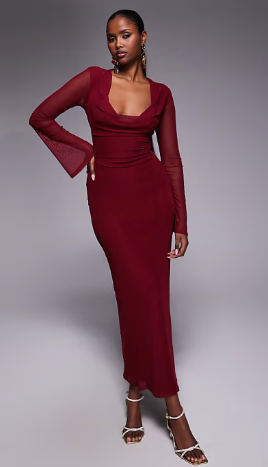 ASOS DESIGN mesh angel sleeve lace up back long sleeve maxi dress in burgundy