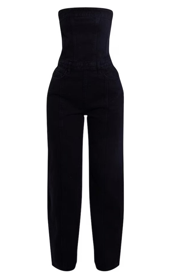 Petite Washed Black Bandeau Denim Jumpsuit