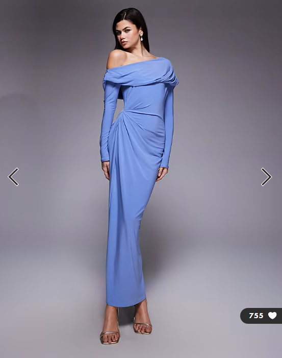 ASOS DESIGN slinky long sleeve fallen shoulder maxi dress with drape detail in light blue