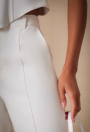 Premium White Woven Pintuck Straight Leg Trousers