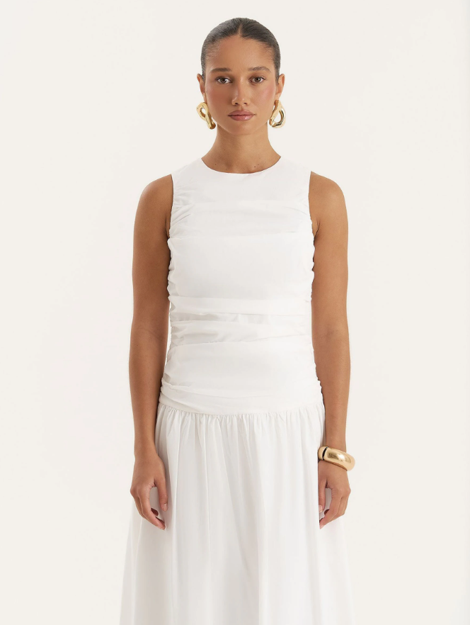 4th & Reckless White Cotton Poplin Drop Waist Maxi Dress