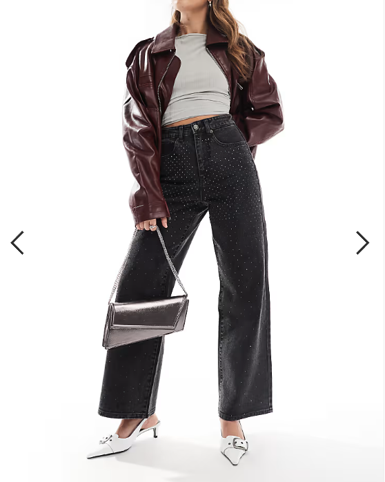 ONLY Hope wide leg jeans with rhinestones in washed black