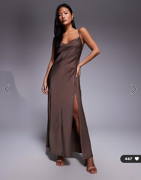 ASOS DESIGN Petite satin tie strap maxi dress with split detail in mocha brown