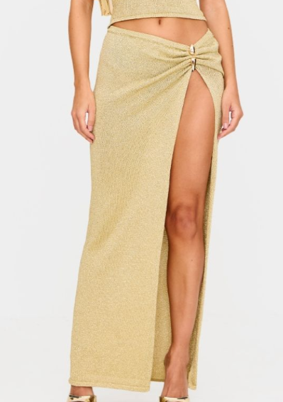 Gold Lurex Knit Gold Trim Side Split Maxi Skirt