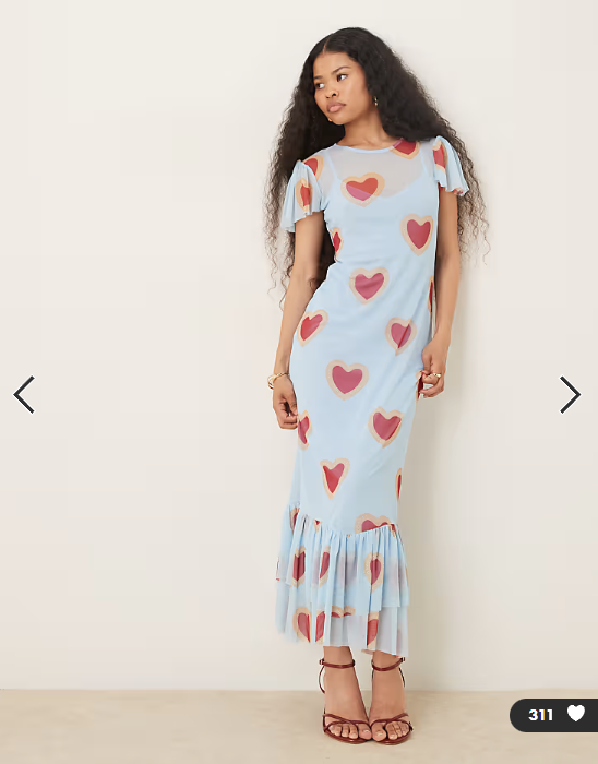 Never Fully Dressed Petite mesh flutter sleeve ruffle hem maxi dress in baby blue heart print