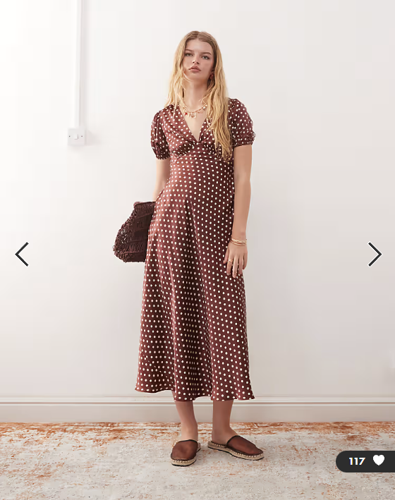 Reclaimed Vintage midi tea dress with puff sleeve and cross back in brown polka dot