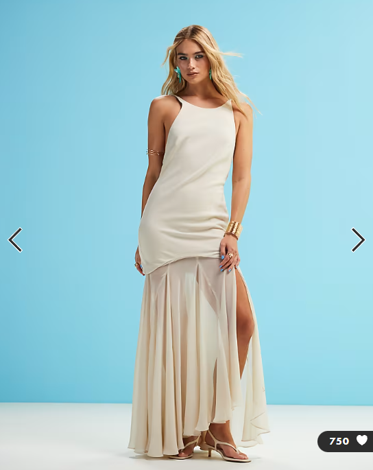 ASOS DESIGN high neck structured maxi dress with waved hem and chiffon godet skirt in stone