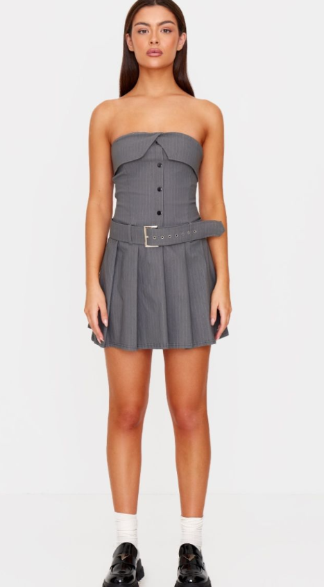 Grey Pinstripe Tailored Bandeau Belt Pleated Shift Dress