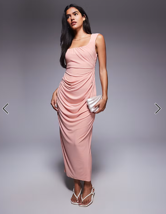 ASOS DESIGN shaped neckline wide strap with draped skirt midi dress in light pink